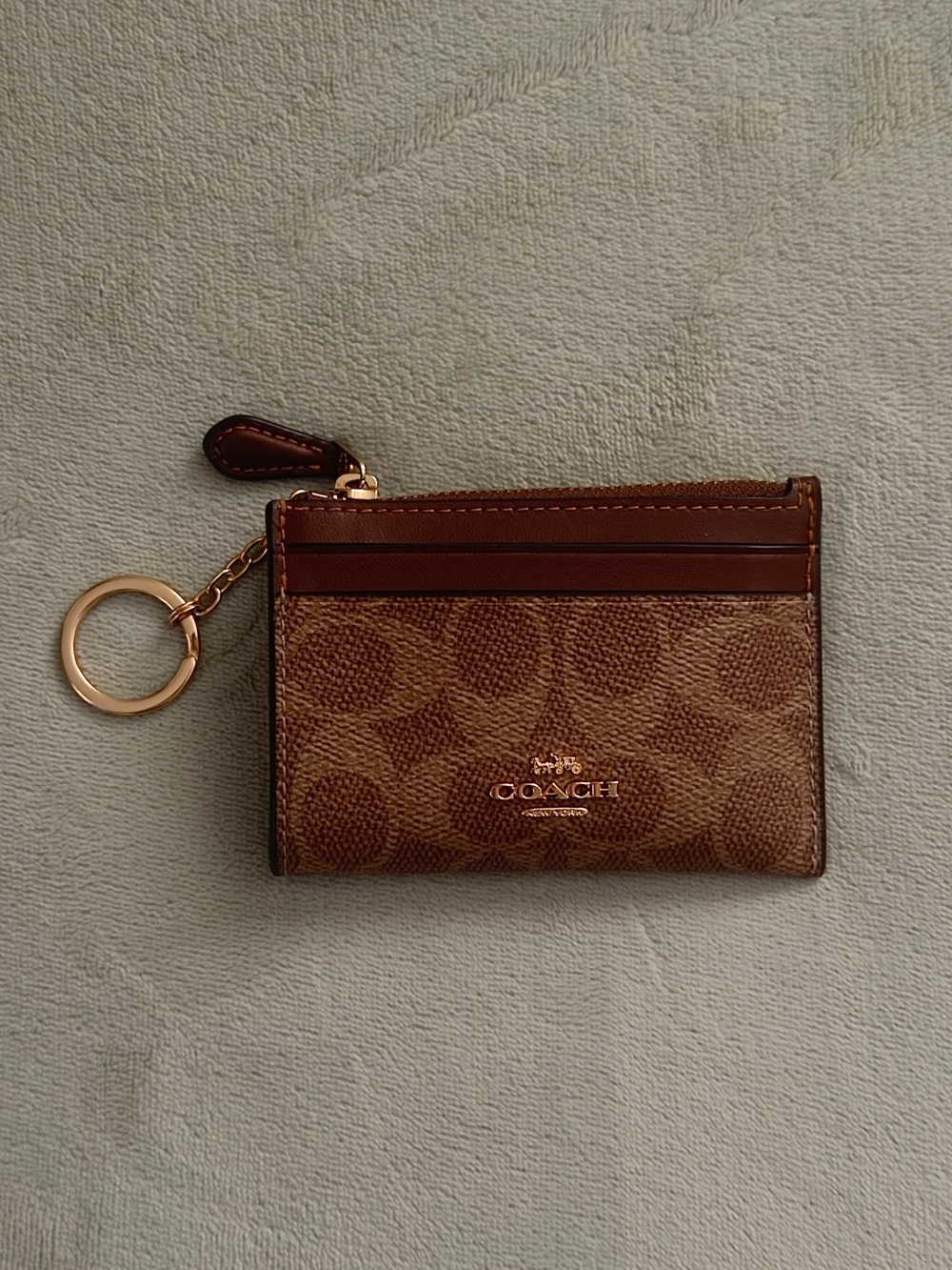 Like New Coach Brown Signature Card Case Keyring with Gold Hardware